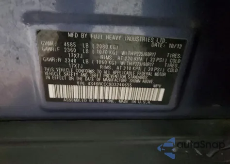 2013 Subaru Outback 2.5I Premium z USA, uszkodzony, nr VIN 4S4BRCCC8D3246655